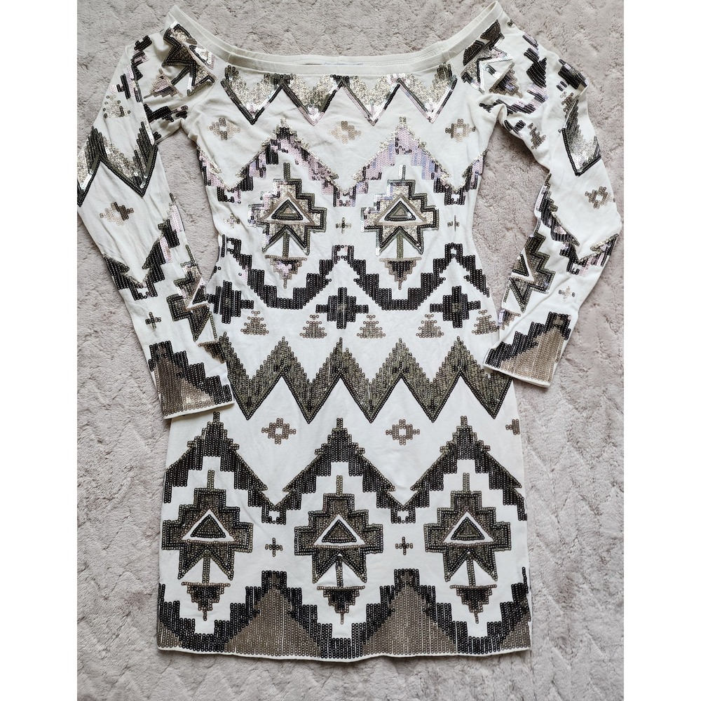 Express Women White Sequin Geometric Tribal Off Shoulder Bodycon Mini Dress S
